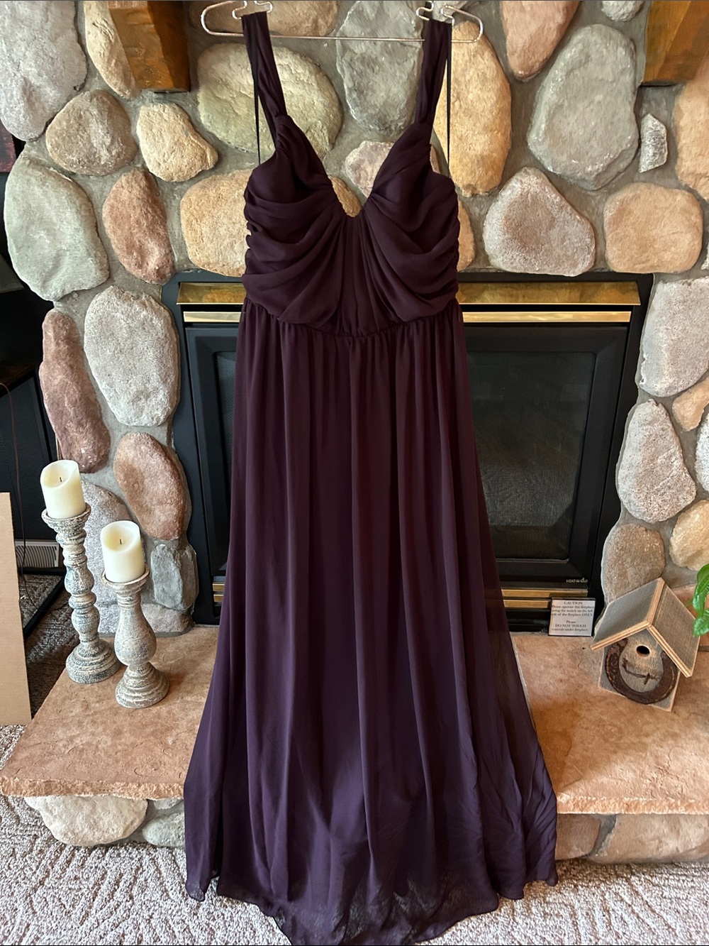 Hayley Paige Plum Chiffon Ruched Sweetheart Bodice Straps Long Gown, Size 12